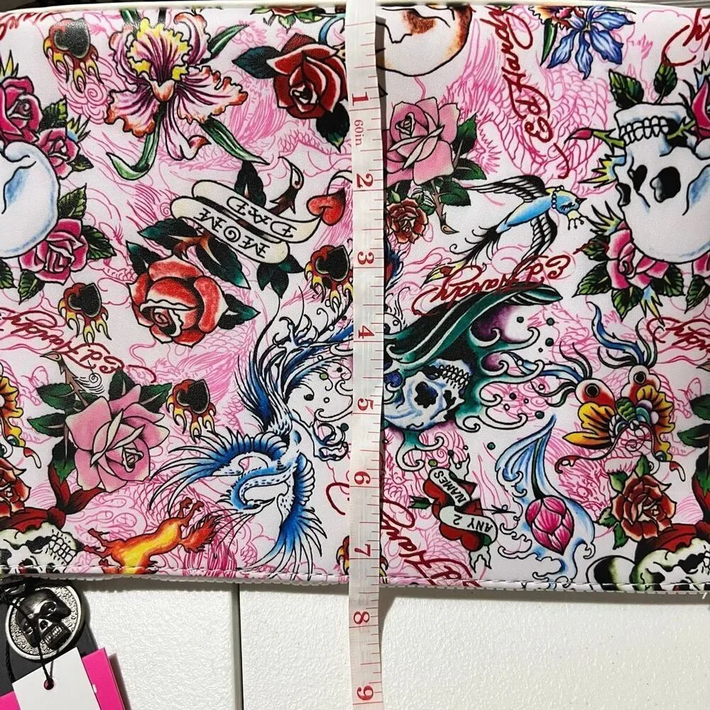 NWT Y2K Ed Hardy Tattoo Graphic Print Canvas White Pink Skull Floral Flame